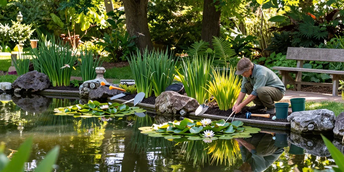 Pond plants thriving in a tranquil garden pond setting with vibrant colors and lush greenery.