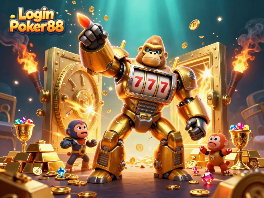 Engage with Login Poker88 through an exciting 3D gaming scene featuring vibrant casino elements and action.