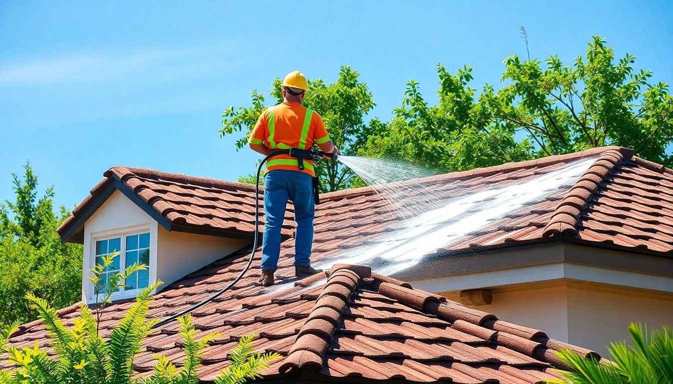 Roof cleaning in Kissimmee with professionals using soft wash technology for safe cleaning.