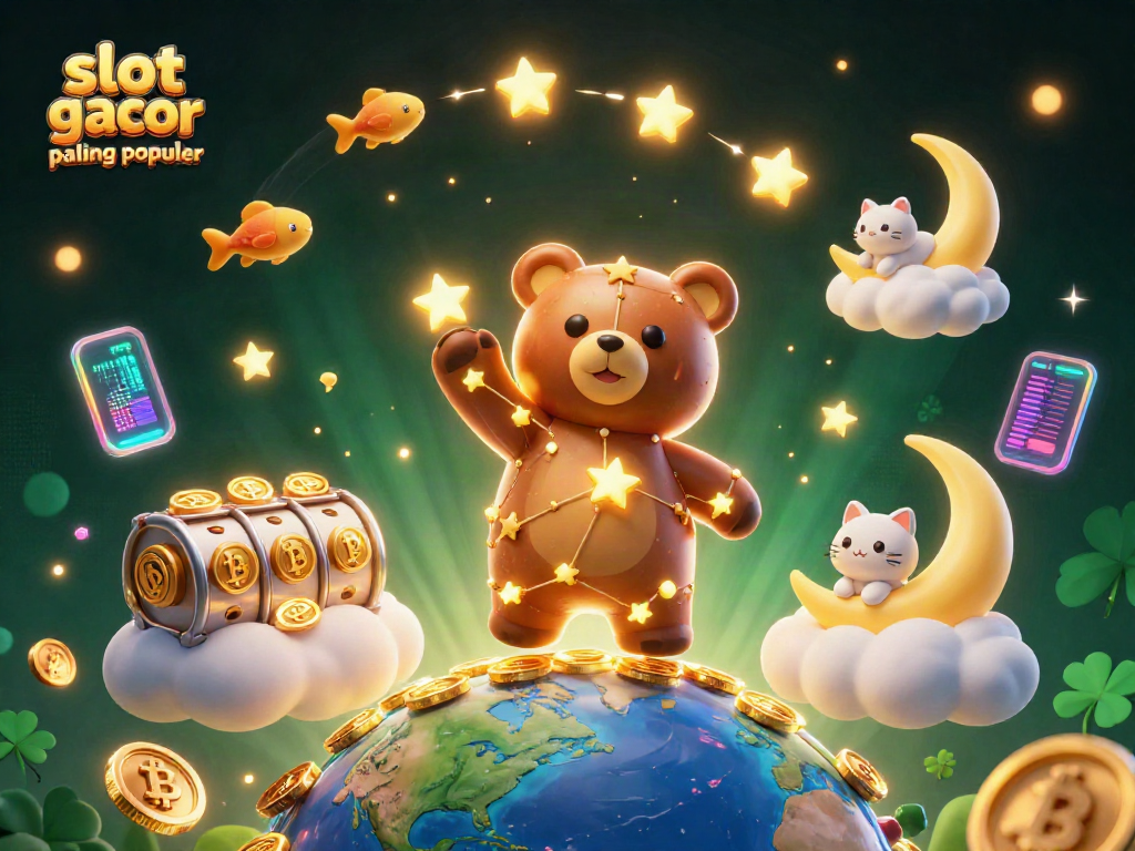 Pengalaman bermain slot gacor paling populer dengan karakter kartun dan elemen kripto di latar belakang yang meriah.