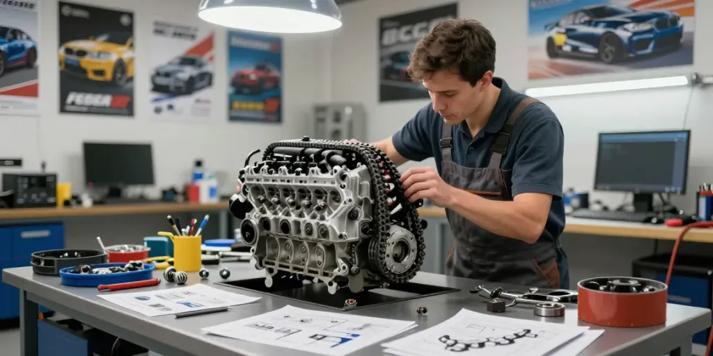 Mechaniker untersucht die Steuerkette eines BMW in einer Werkstatt in Hannover.