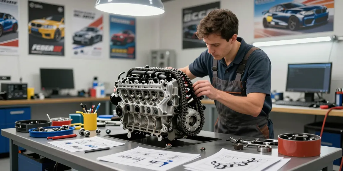 Mechaniker untersucht die Steuerkette eines BMW in einer Werkstatt in Hannover.