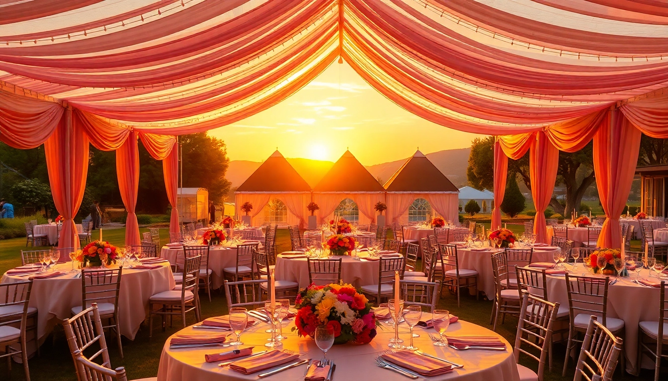 Host a memorable event with stunning Party Tent Rentals set elegantly at sunset.