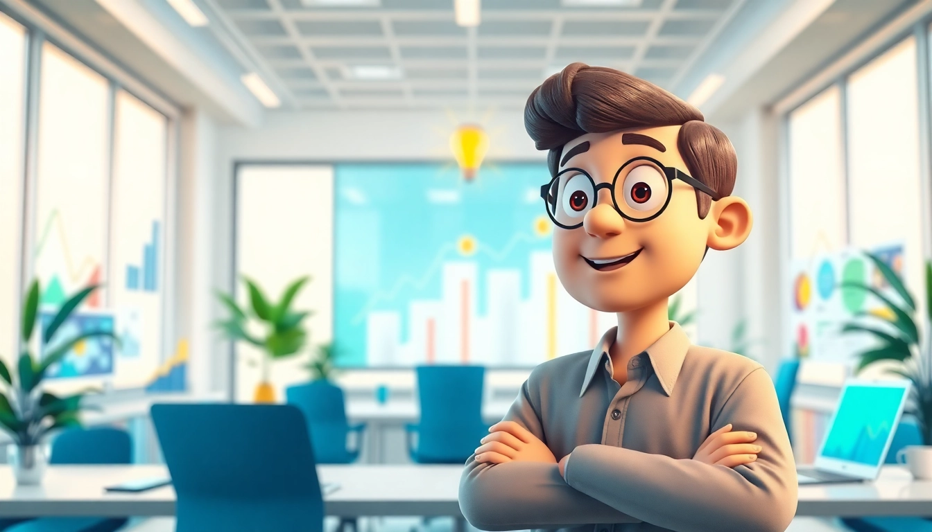 Unternehmensanimation zeigt kreative Konzepte und innovative Lösungen in einem modernen Büro.