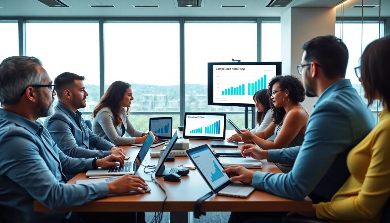 Evaluate competitor pricing strategies in a vibrant team meeting with digital tools.