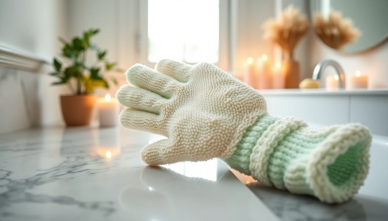 Enhance your bathing experience with this hand loofah glove showcasing texture and design.