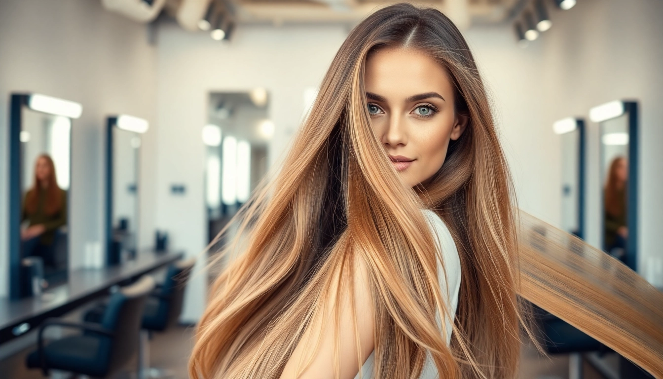 Admire the seamless application of genius weft hair extensions showcased in a stylish salon.