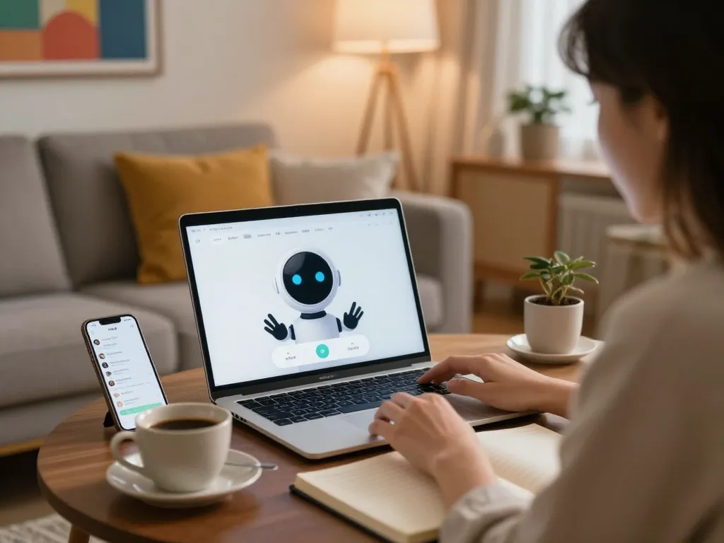 User engaged in AI sex chat on the laptop in a cozy living room with stylish decor.