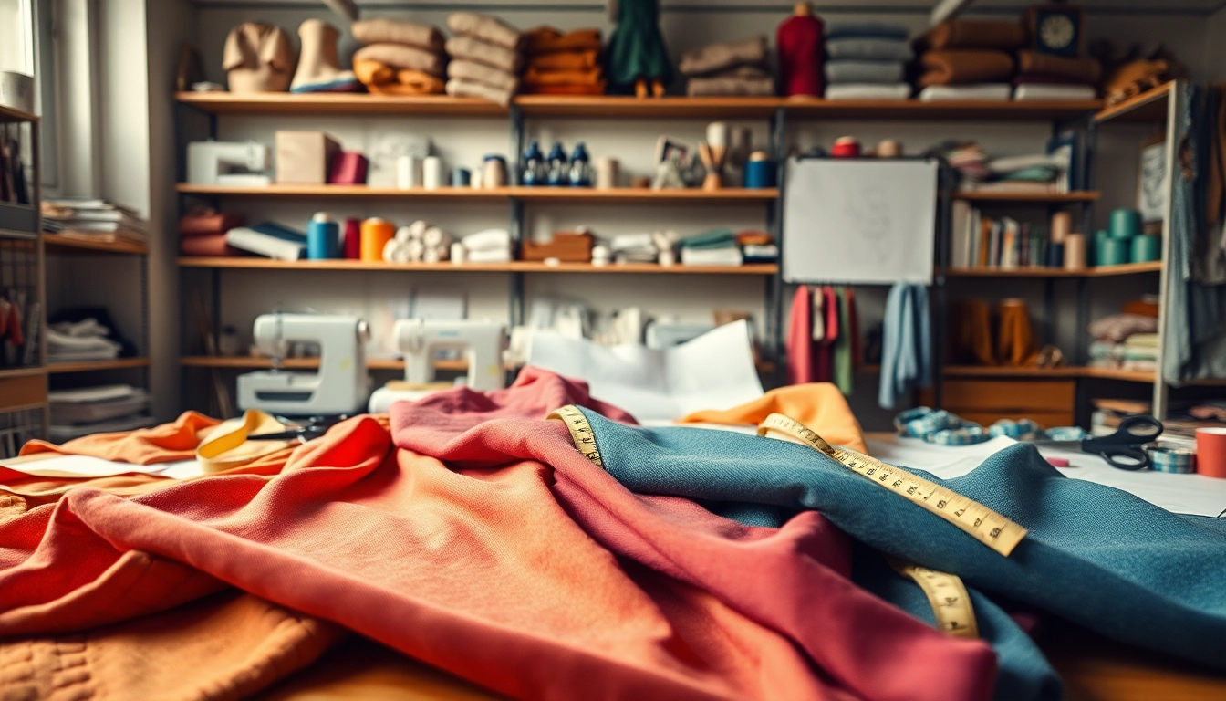 Fascinating kant stof voor kleding displayed in a vibrant and creative workspace, showcasing diverse patterns.