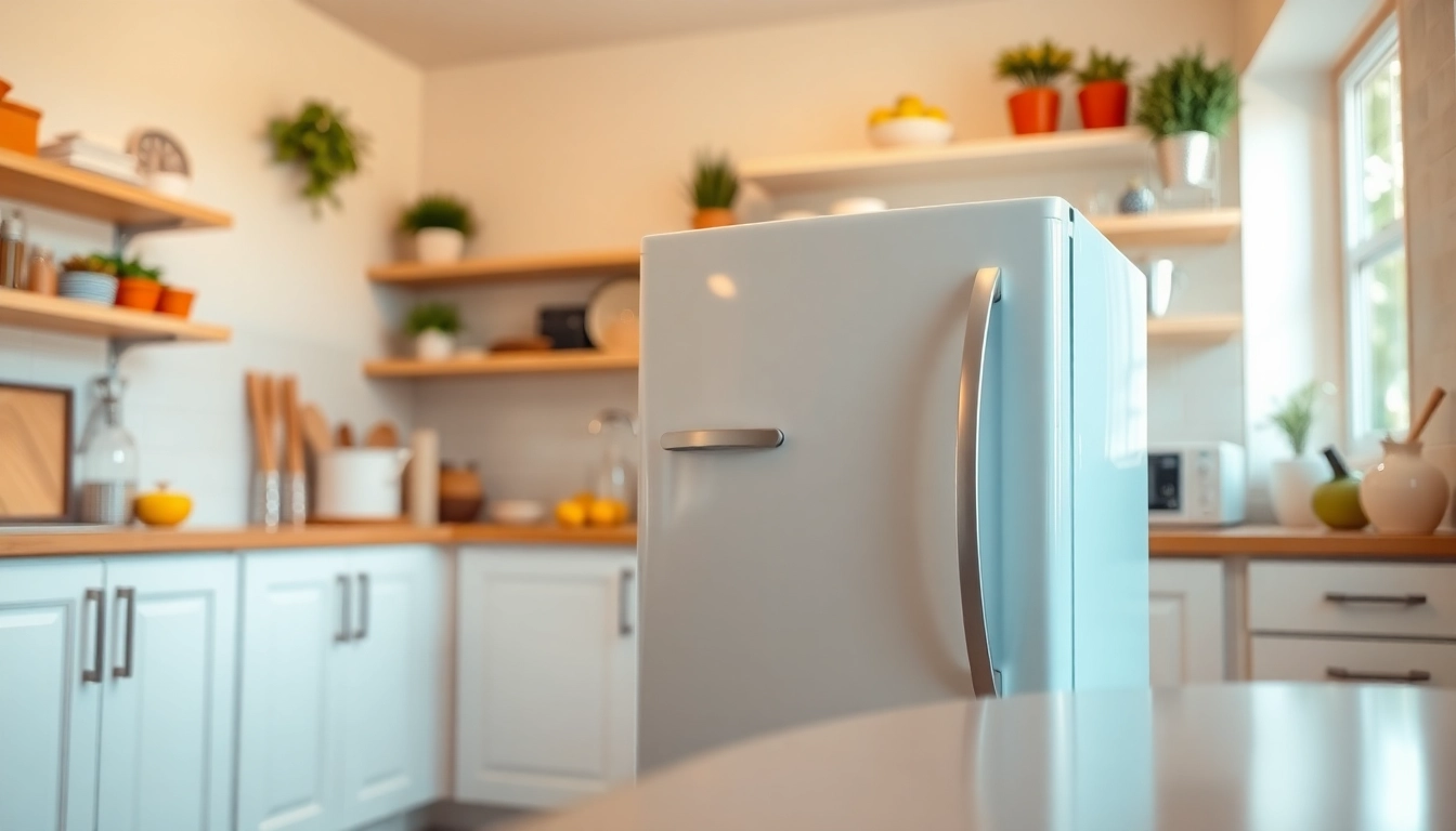 Showcase an affordable mini fridge and freezer in a stylish kitchen setting emphasizing modern design.