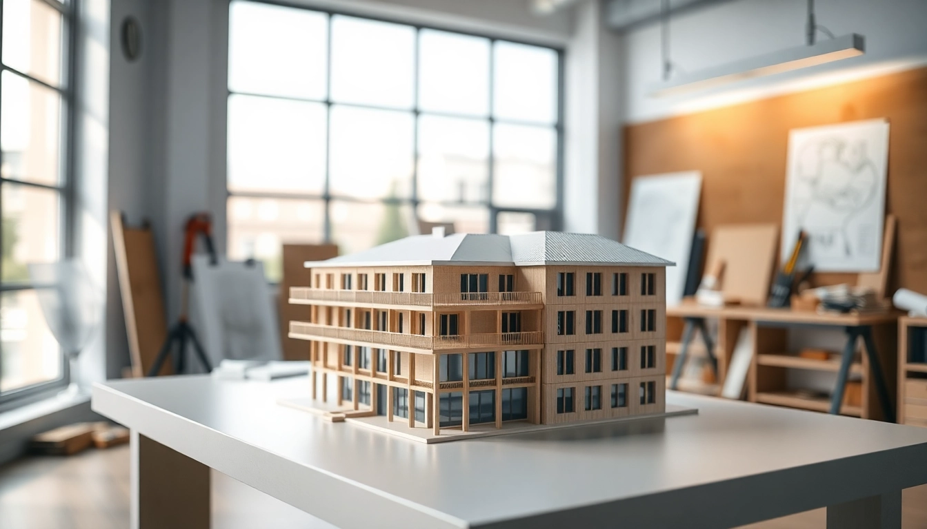 Das architekturmodellbau Kassel zeigt ein detailliertes Architekturmodell in einem modernen Studio.