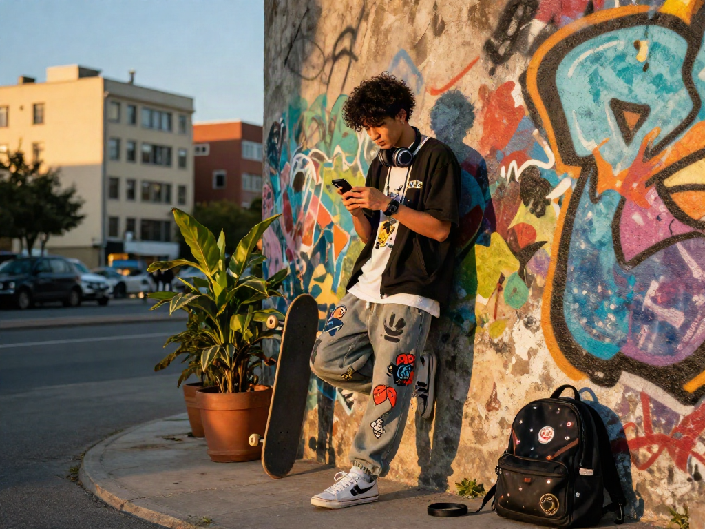 Stylish youth expressing urban culture with rokok88 elements in casual streetwear.