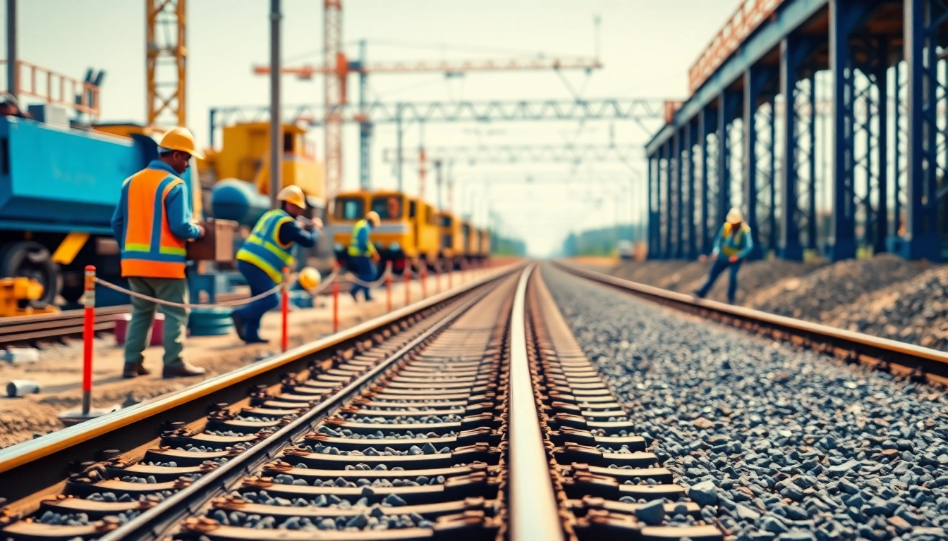 Workers conducting universal rail maintenance at a construction site, symbolizing efficiency and safety.