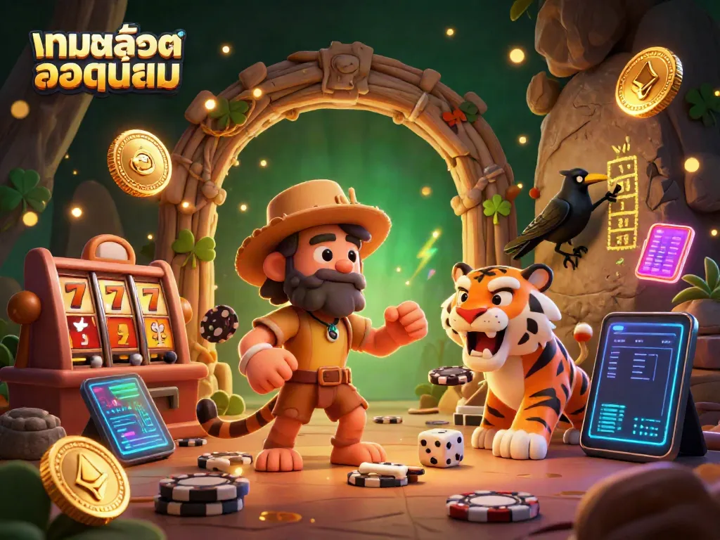 Engage with leadingเกมสล็อตยอดนิยม in an exciting prehistoric casino scene filled with neon-coloured elements.