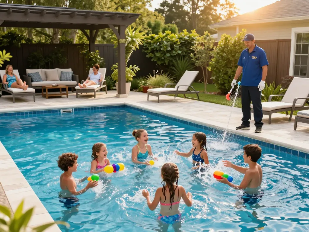 Dolphin Pool Services team ensuring pool safety and maintenance in a vibrant Virginia backyard