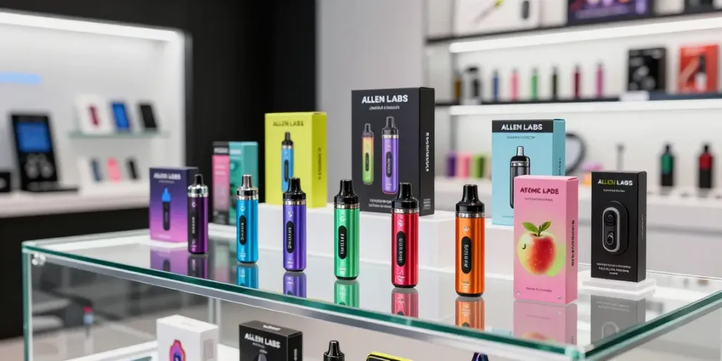 Alien Labs Disposable vape products displayed in a modern retail environment, showcasing variety and quality.