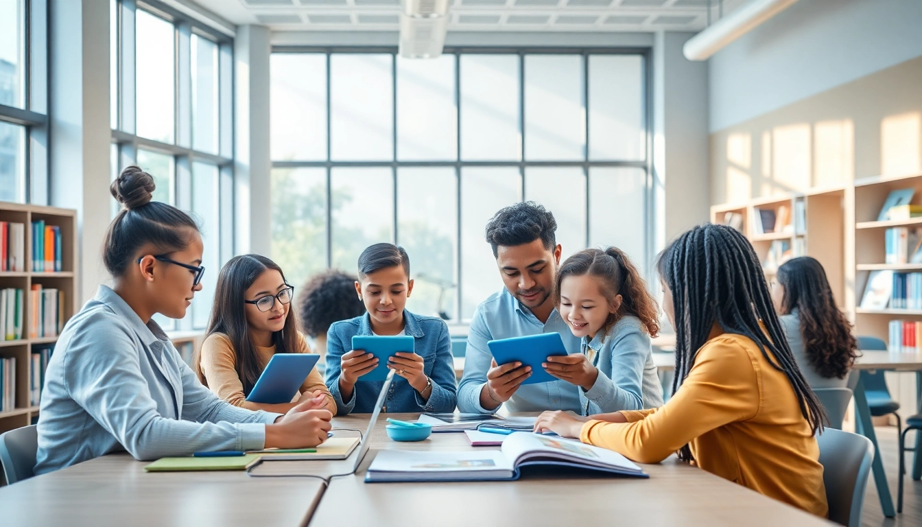 Dynamic education setting showcasing diverse students collaborating on digital projects, emphasizing innovation and equity in learning.