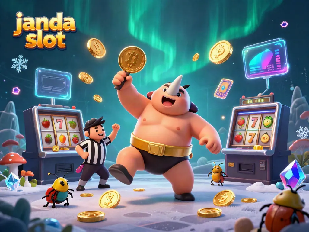 Permainan slot janda slot dengan karakter unik seru dan koin emas terbang di udara.