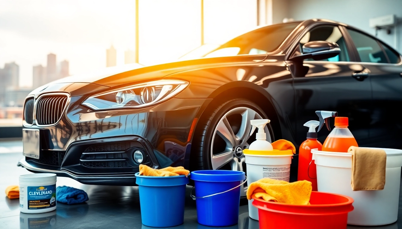 Showcasing auto detailing Cleveland TN with a gleaming car and detailing tools in a professional setup.