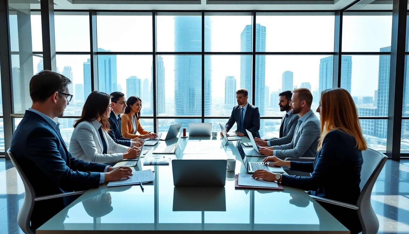 Business Consultants in Dubai collaborating in a modern office, brainstorming innovative strategies.