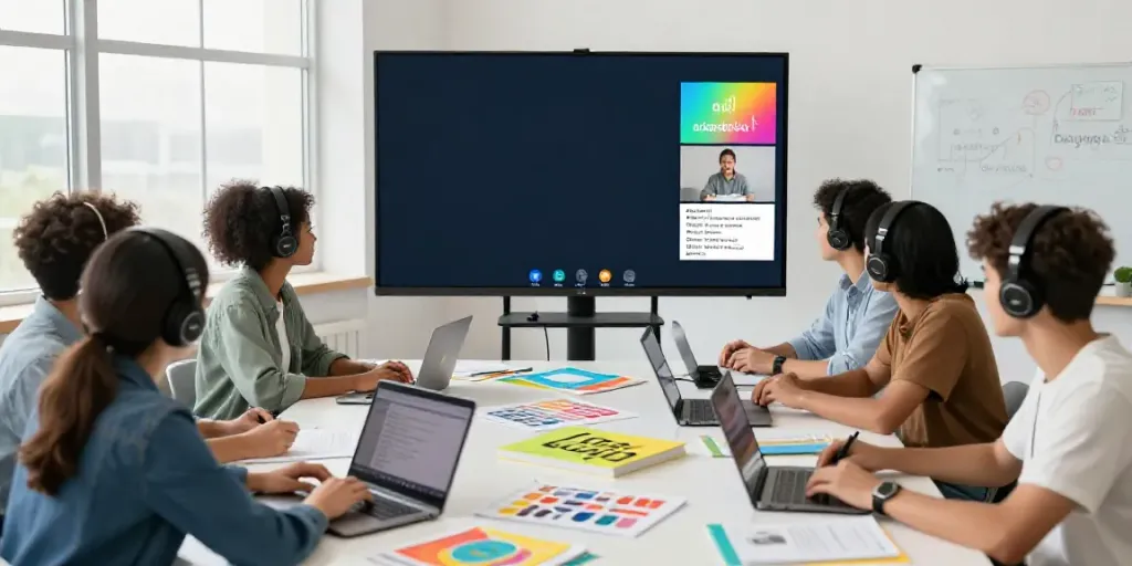 Interactive language learning scene with students engaged in an online course focusing on Situs toto and language acquisition.