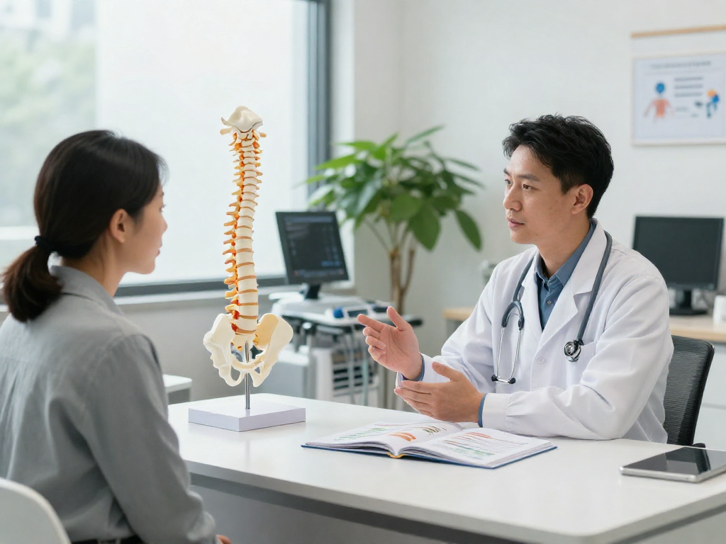 Bel fıtığı ameliyatı consultation with patient and doctor in modern medical office.
