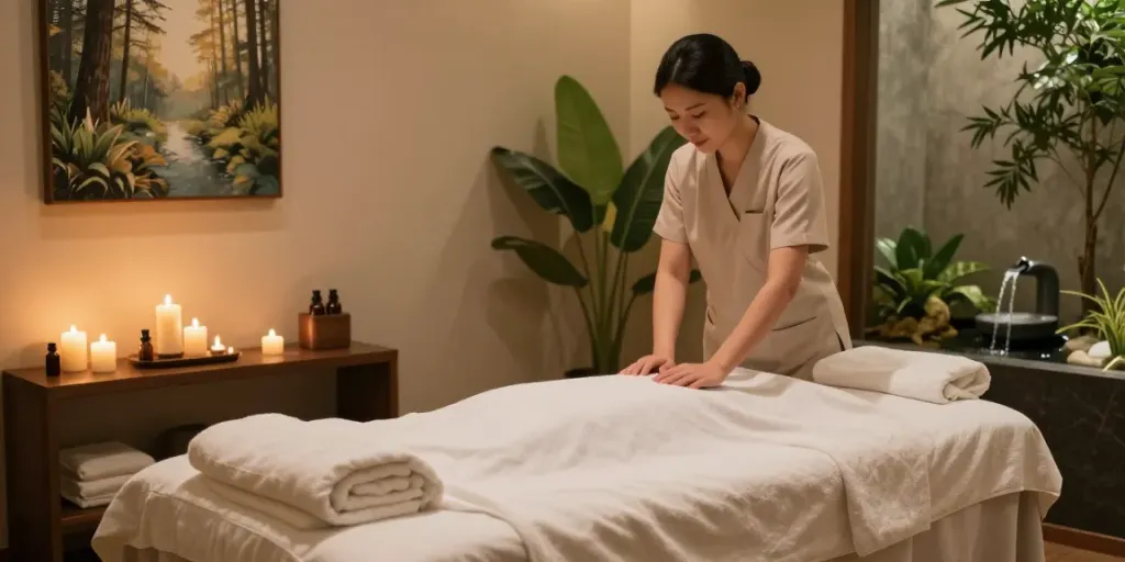 Serene massage therapy room set for 성동구출장마사지 with calming decor and essential oils.