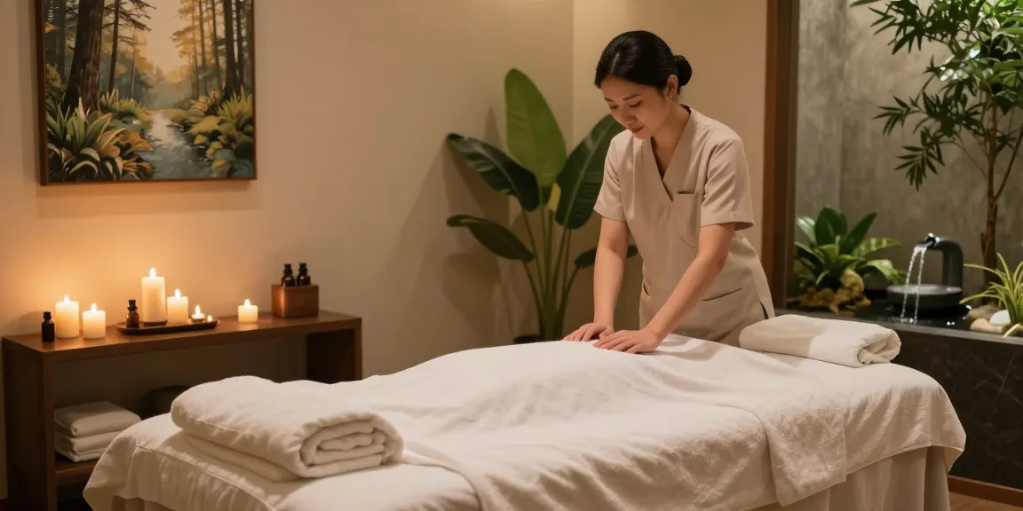 Serene massage therapy room set for 성동구출장마사지 with calming decor and essential oils.