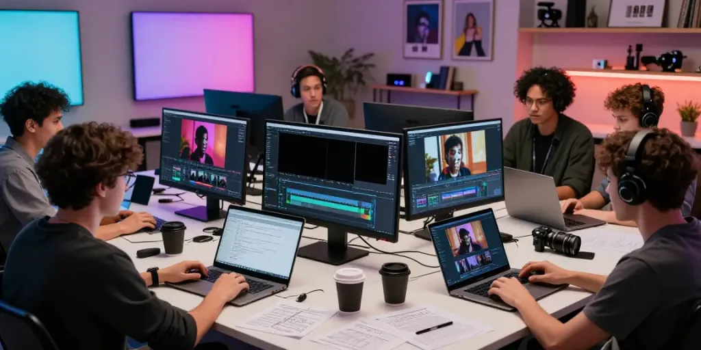 Collaboration scene of diverse creators in digital studio focused on AI porn video generation.