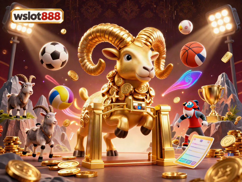 Ilustrasi warna-warni dengan wslot888, menampilkan domba emas raksasa berlari menuju gerbang emas dikelilingi bola olahraga, koin emas, dan efek neon.