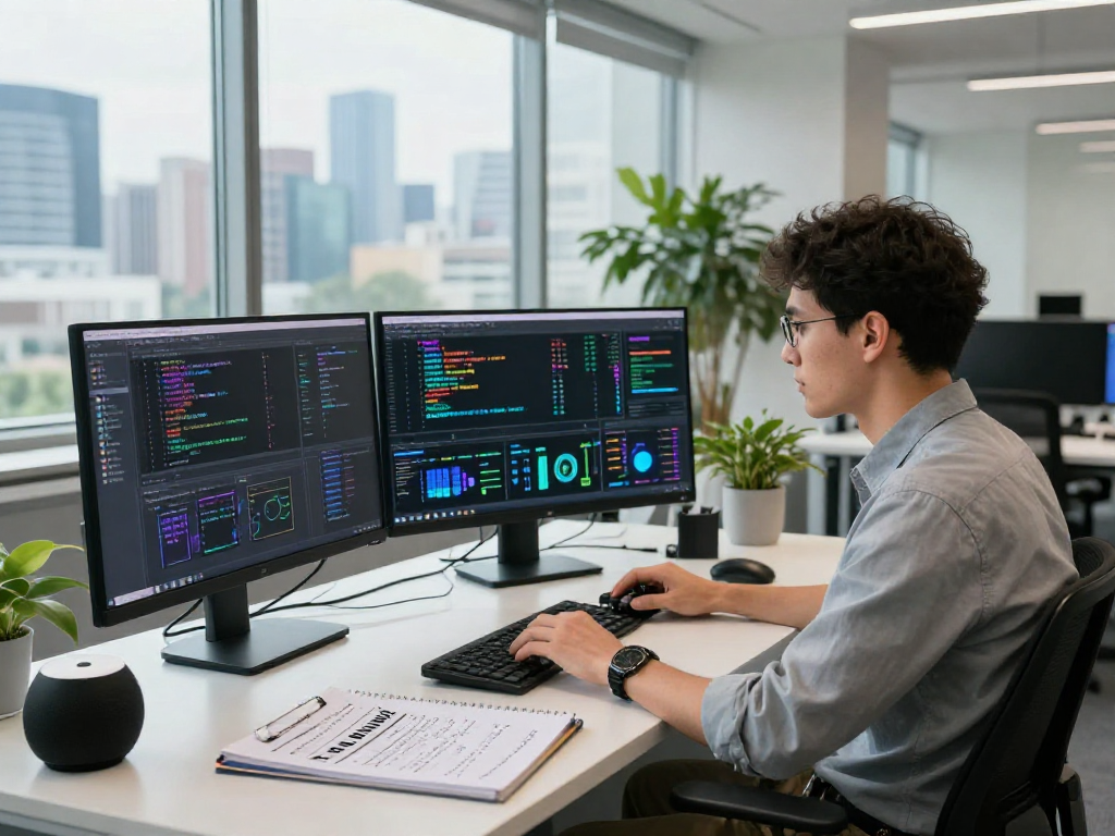 Data scientist working in a modern tech workspace, exploring crush on ai developments with vibrant data visualizations.
