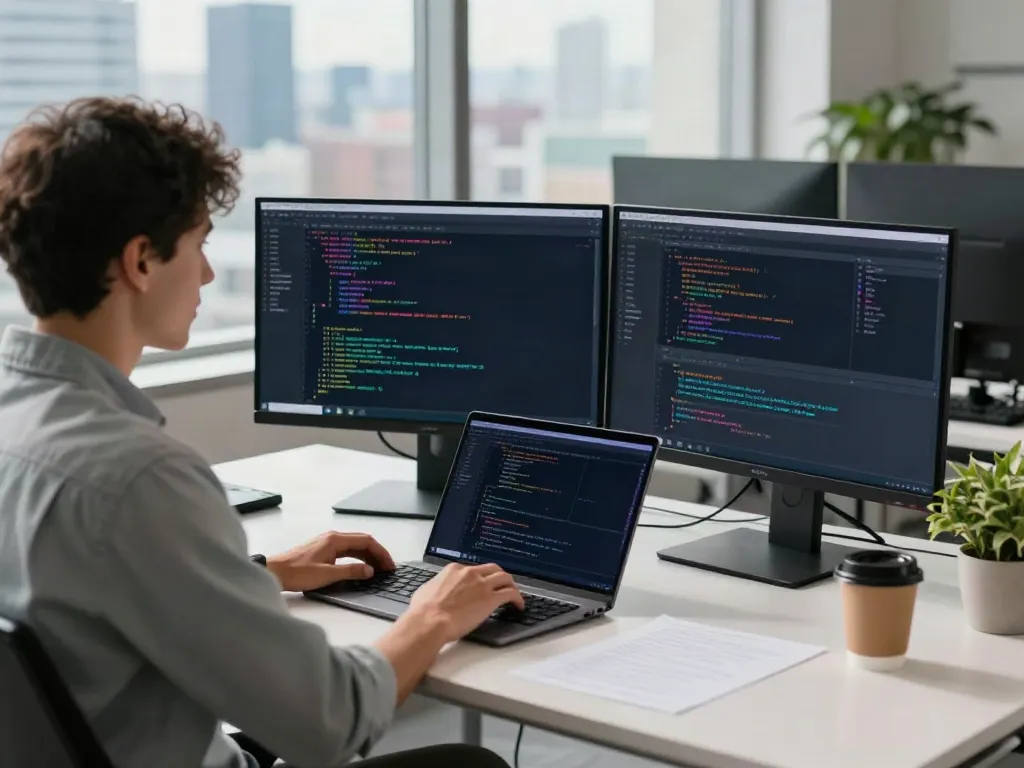 v2rayN官网 - Developer in modern workspace coding with dual monitors showcasing vibrant syntax highlighting and professional setup