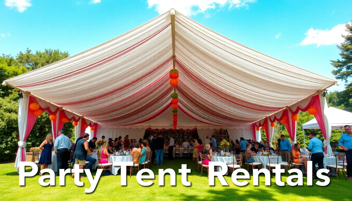 Guests celebrating under a beautiful party tent rental, showcasing vibrant decorations and joyful ambiance.