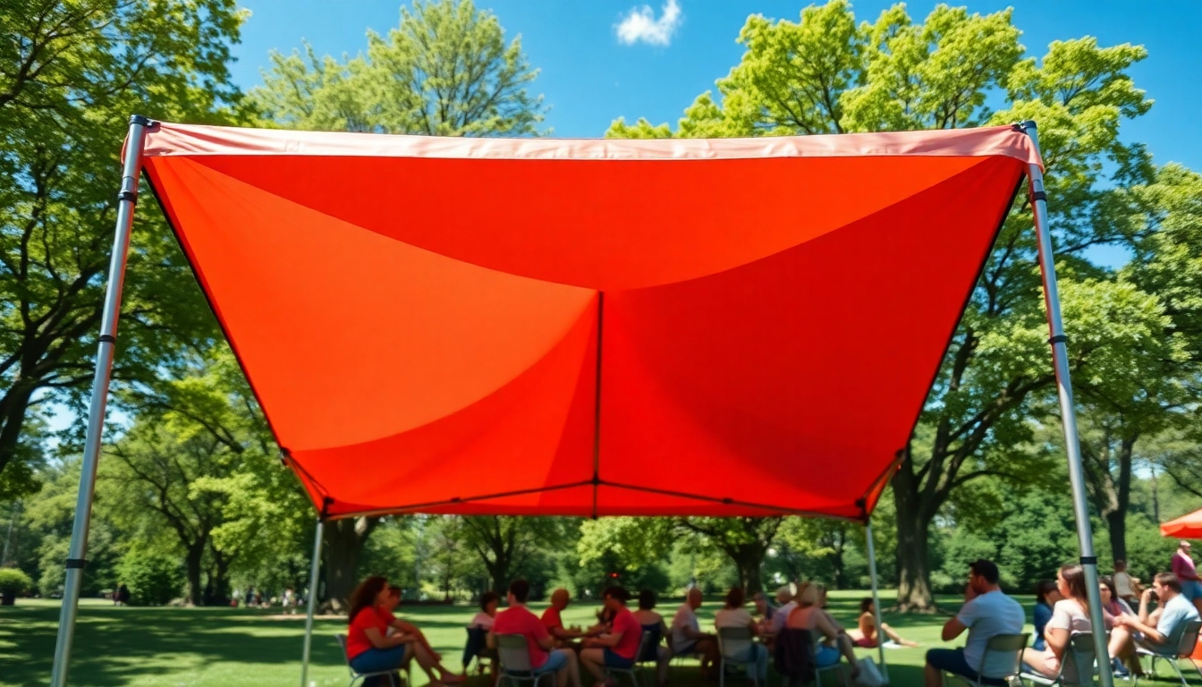 Family enjoying a sunny day under a pop up canopy in a park setting.