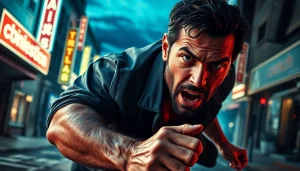 Heroic figure navigating a gritty urban landscape, capturing the essence of thrillers like Jack Reacher.