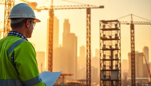 Manhattan Construction Manager supervising an active construction site with cranes and city skyline.