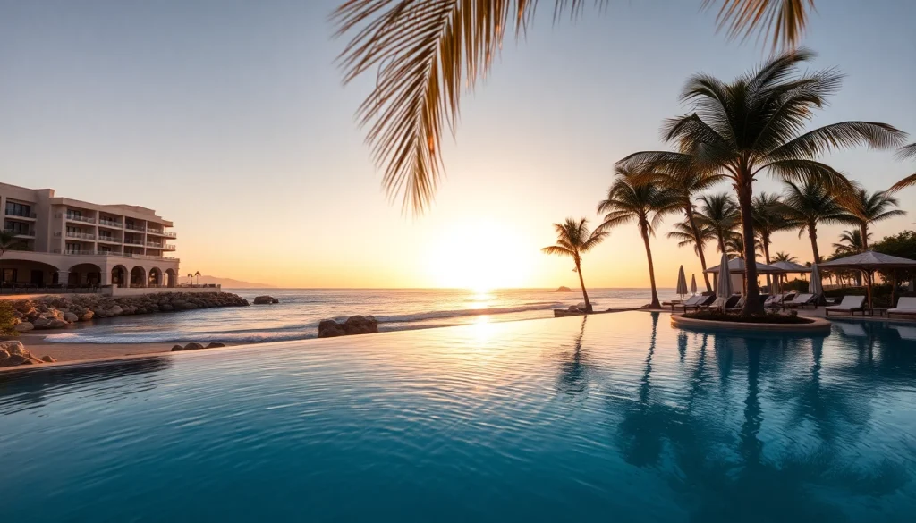 Experience the beauty of luxury hotels Los Cabos with a stunning beachfront resort at sunset.