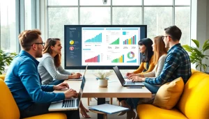 Collaborative team discussing smm services in a vibrant office setting