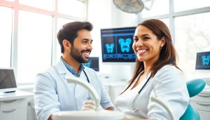 Dentist engaging with a patient in a modern dental clinic, showcasing care and professionalism.