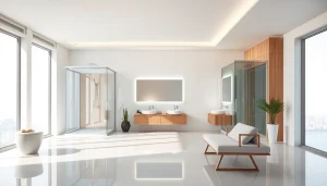 Aménagement de salle de bain élégant et moderne avec sirhona fr, mettant en valeur des cabines de douche et miroirs LED.