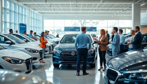 Buy a car in a vibrant dealership environment highlighting customer engagement and diverse vehicle selections.