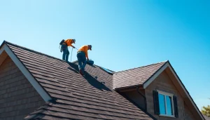 Showcasing professional roofing services in action with a skilled team on a residential roof.