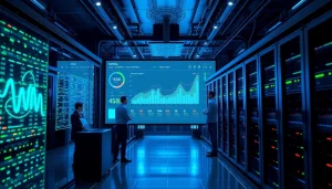 Visual representation of top cloud mining in a modern tech environment with advanced mining rigs and a digital interface.