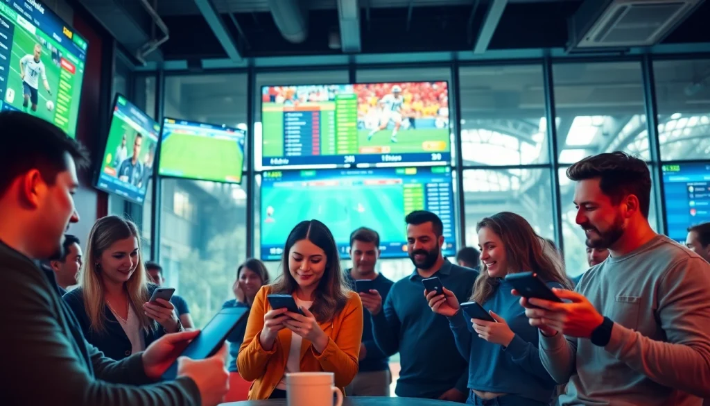 Engaging scene showcasing diverse individuals using online sportsbooks India in a vibrant sports betting lounge.