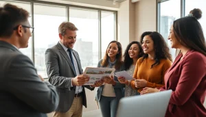 Engage with professional real estate agent showing homes in a bright office setting.