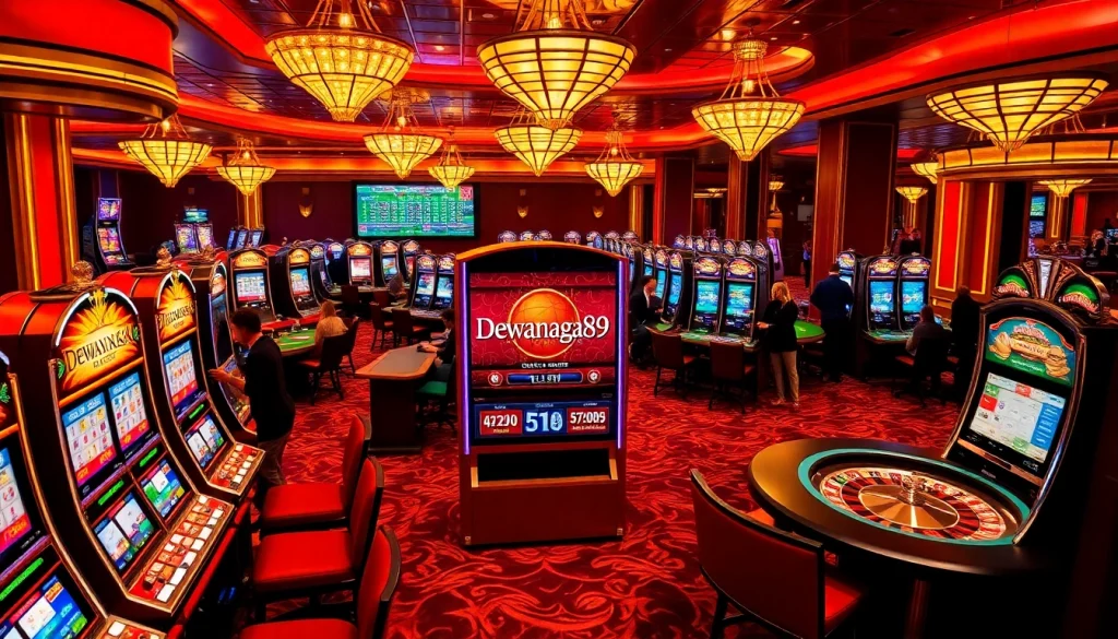 Dewanaga89 slot login: Para pemain berinteraksi dengan antusias dengan mesin slot yang berwarna-warni dalam suasana kasino yang elegan.