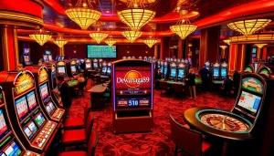 Dewanaga89 slot login: Para pemain berinteraksi dengan antusias dengan mesin slot yang berwarna-warni dalam suasana kasino yang elegan.