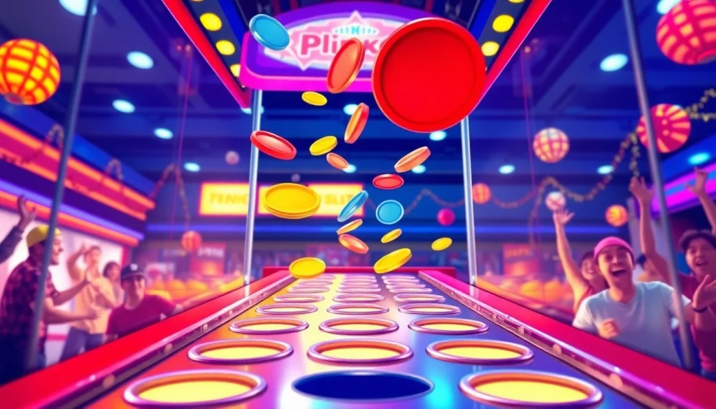 Permainan plinko demo yang menampilkan bola jatuh melalui paku berwarna-warni dengan suasana ceria.