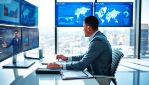 Logistics manager analyzing shipment data in a modern office setting with advanced technology.