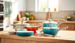 Showcase of kitchenware Auckland featuring ceramic pots, utensils on a modern countertop.